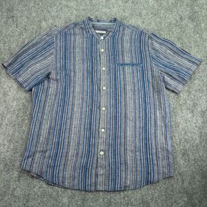 32 Bar Blues Shirt Mens XL Blue Striped 100% Linen Band Collar Short Sleeve